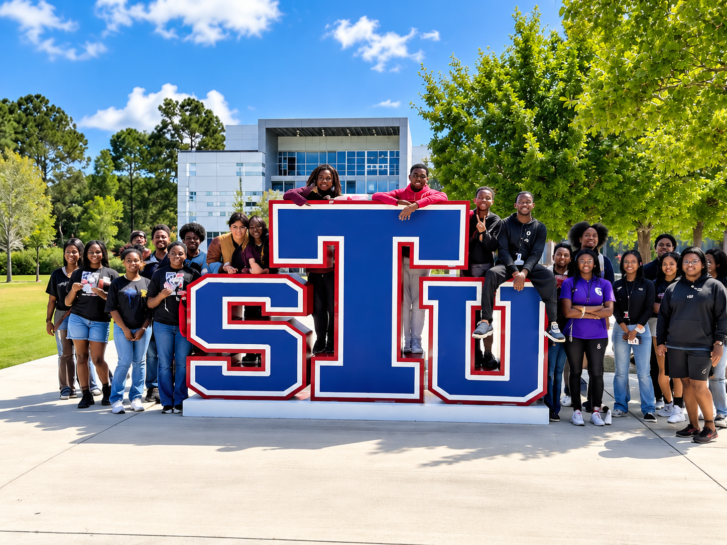 Students posing with STU letters on campus